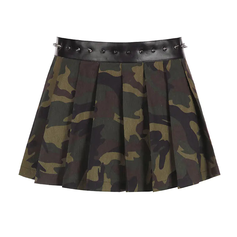 Street Style Camouflage Rivets Pleated Sexy Skirt