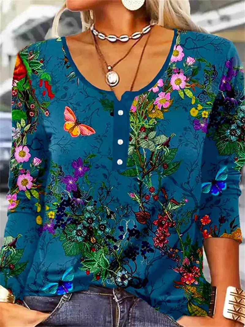 Ladies' U-neck Geometric Floral Button T-shirt