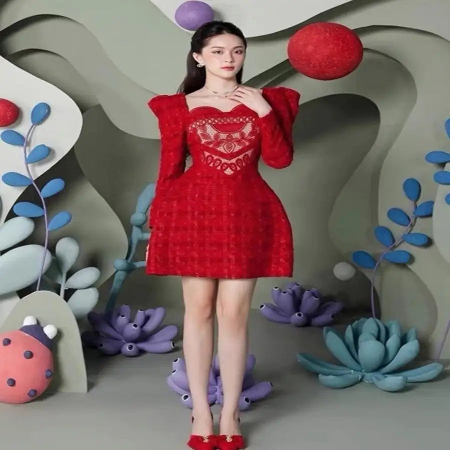 Elegant Crimson Puff Sleeve Dress for Celebrations