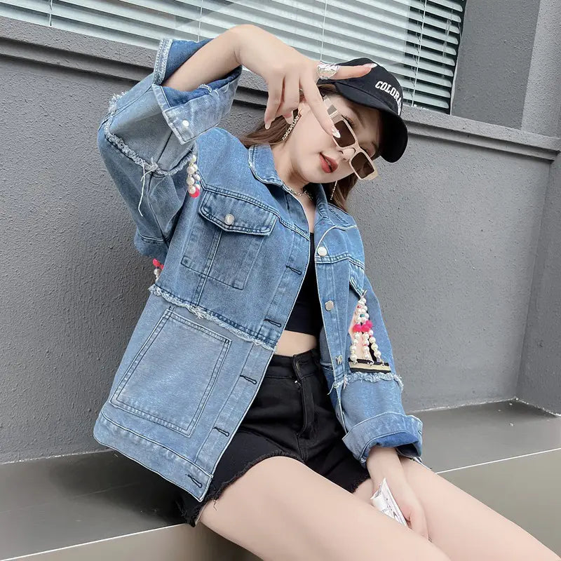 Autumnal Korean Embroidered Denim Jacket
