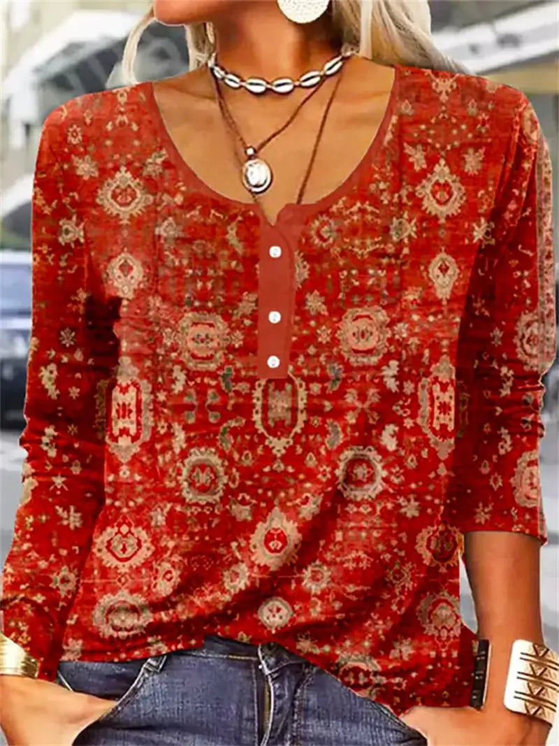 Ladies' U-neck Geometric Floral Button T-shirt