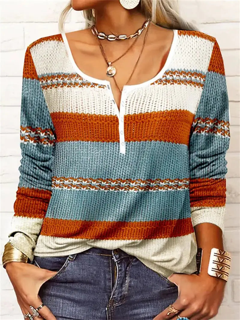 Ladies' U-neck Geometric Floral Button T-shirt