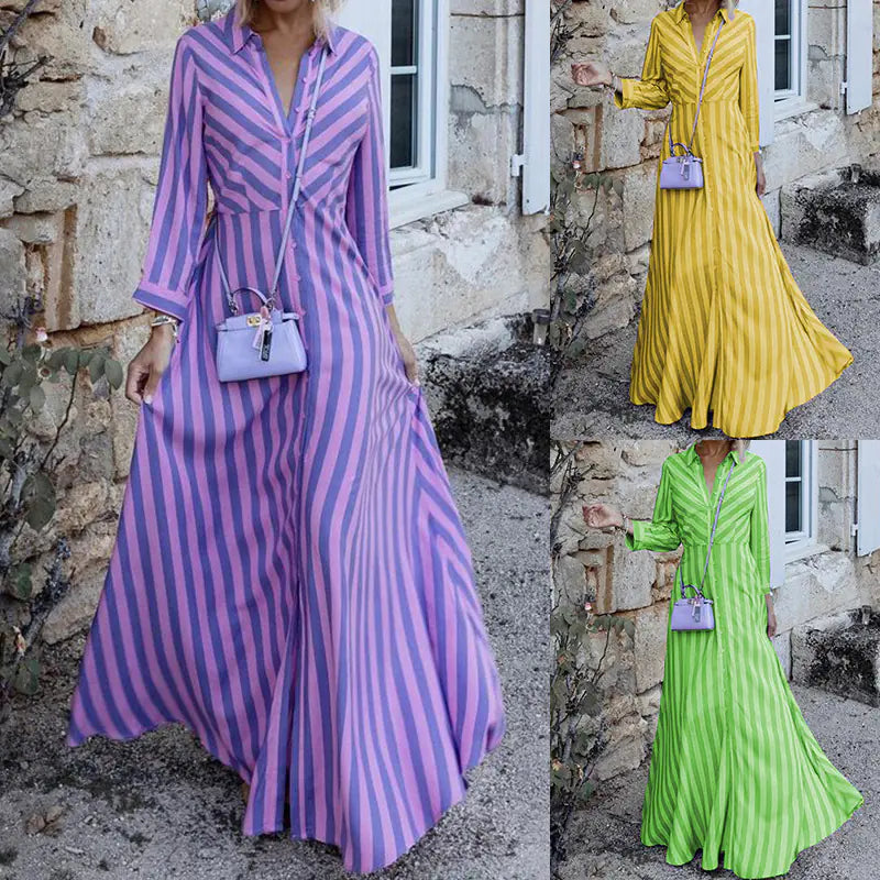 Ladies' Elegant Striped Long Sleeve Dress