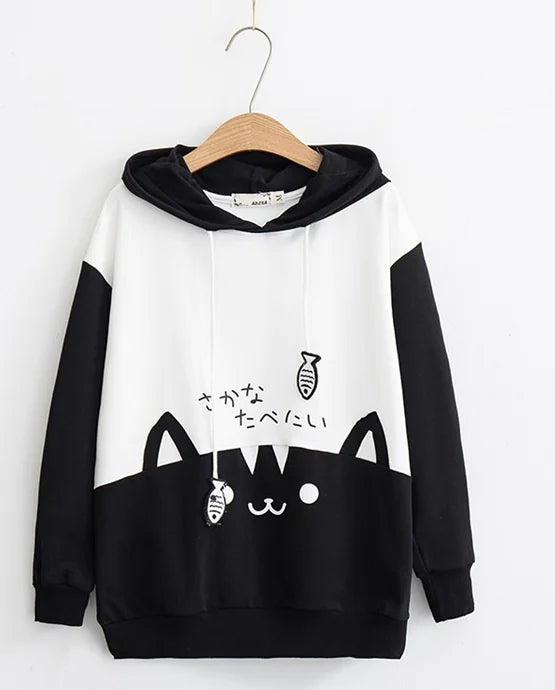 Feline Chic Hoodie with Artistic Patchwork