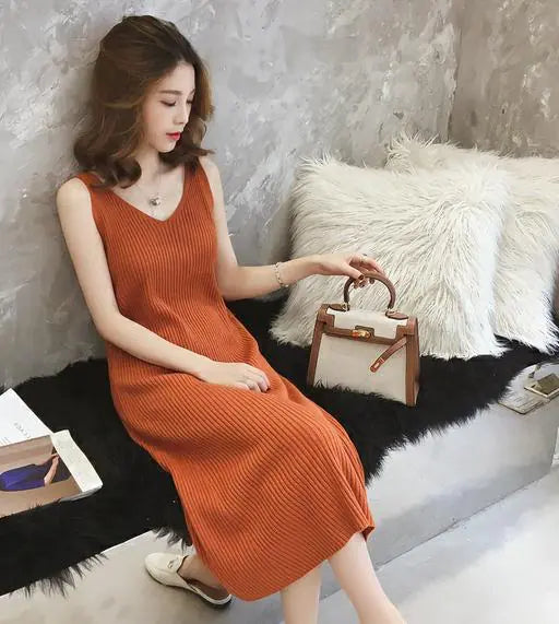 Elegant V-Neck Knit Tank Dress