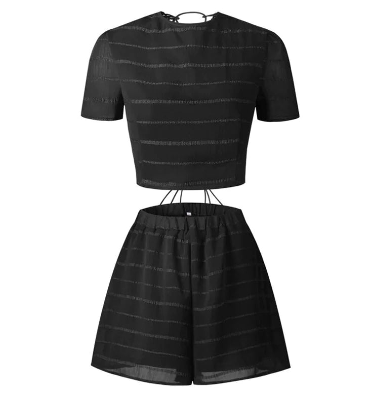 Elegant Lace-Up Blouse and Tailored Shorts Ensemble