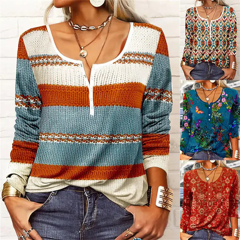 Ladies' U-neck Geometric Floral Button T-shirt