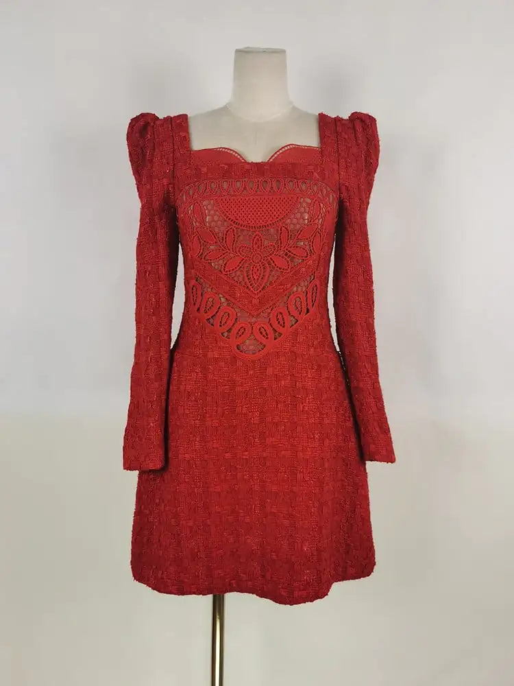 Elegant Crimson Puff Sleeve Dress for Celebrations