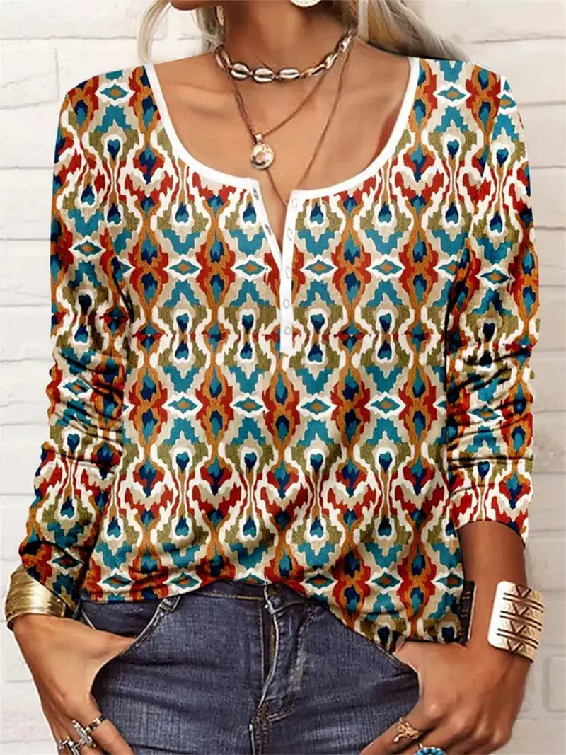 Ladies' U-neck Geometric Floral Button T-shirt